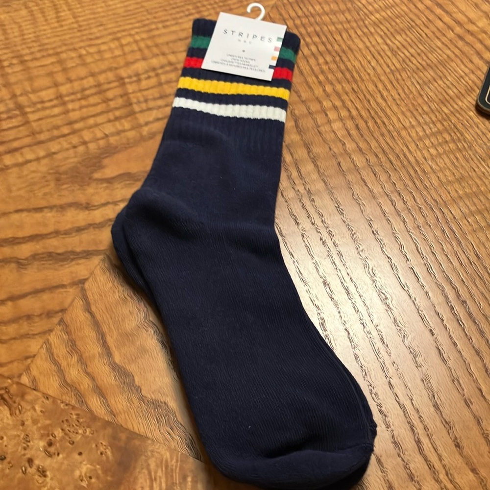 HBC Stripes Navy Blue Crew Socks with Striped Design.